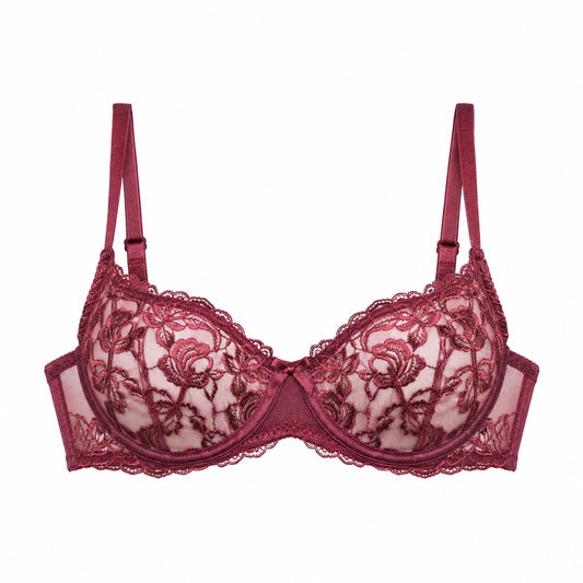 Yklingerie Burgundy Floral Lace Unlined Underwire Bra
